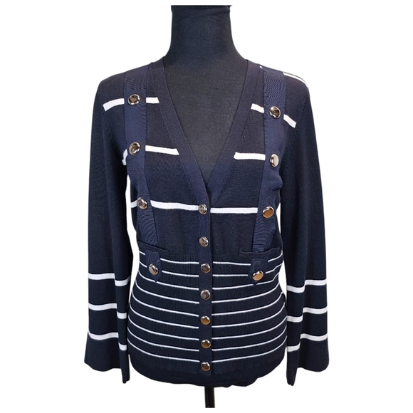 Carlisle Silk Blend Nautical Luxe Knit Snap Front Cardigan Sweater Medium Sailor - Picture 3 of 14